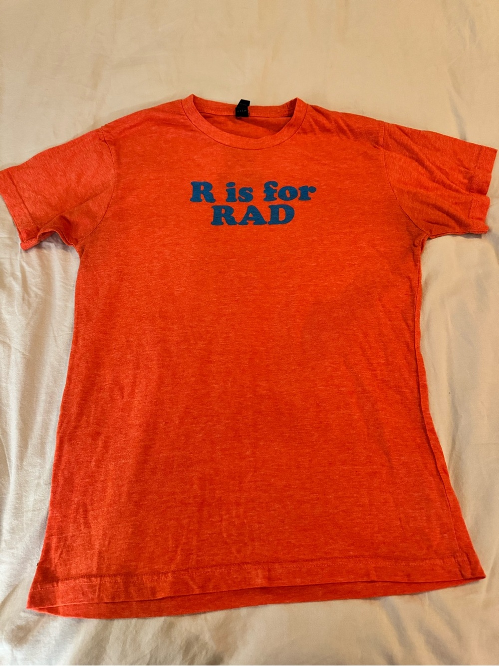 Men's Orange Short-Sleeve Graphic Tee with Blue 'R is for RAD' Print